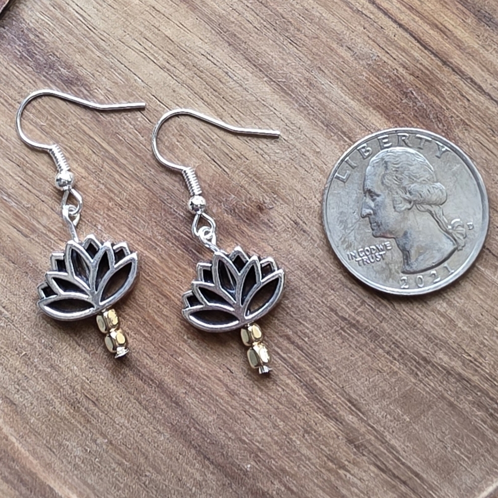 Mixed Metal Silver And Gold Lotus Dangle Earrings, New, Handmade